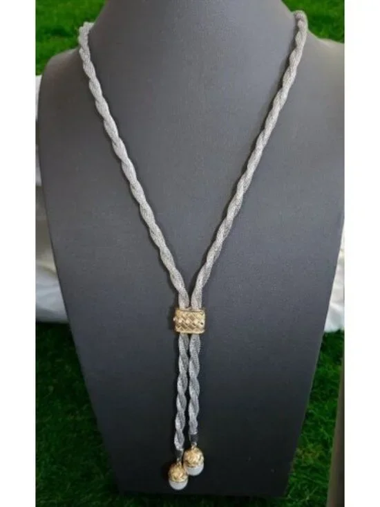 Silvertone Twisted Rope with Gold and Rhinestone Accents Lariat Necklace