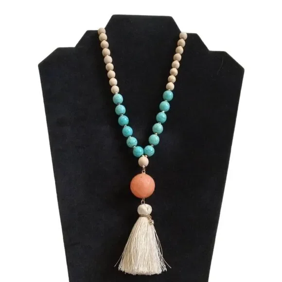 Colorful Wood & Plastic Beaded Round Faceted Pendant Bohemian Tassel Necklace