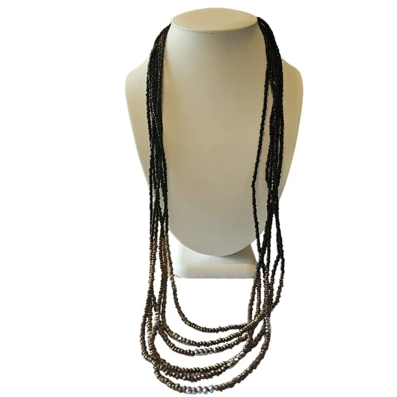 Black Seed Bead Necklace Reflective Dark Gold Metal Long Necklace