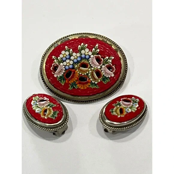 Vintage Italian Micro Mosaic Floral Brooch and Clip On Earrings Set Red Silver