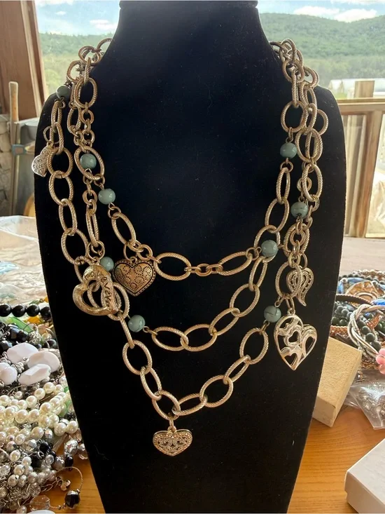 Gold-Tone Multi Strand Heart Charm Necklace with blue Beads
