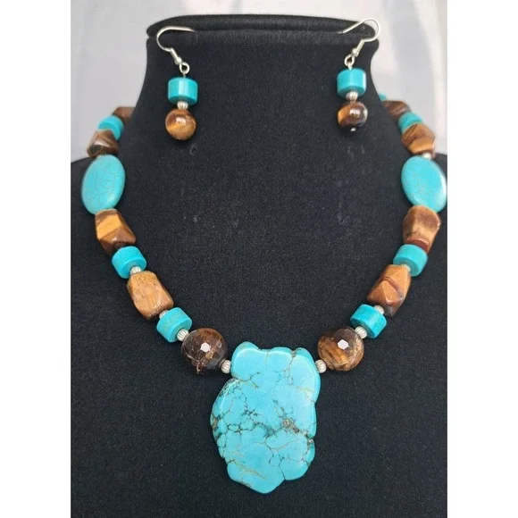 Fashion Jewelry Set Necklace Earrings Tiger Eye Turquoise Howlite Adjustable