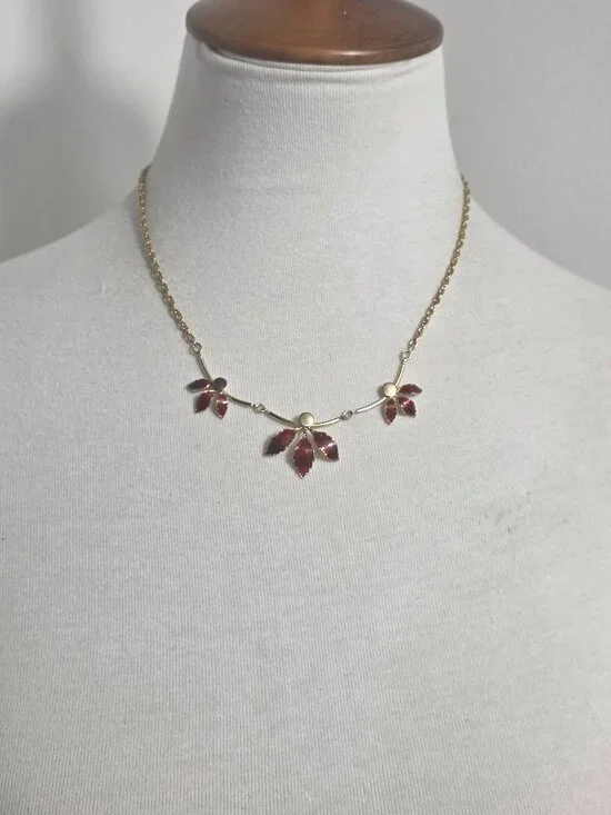 Delicate Gold-Tone Necklace Three Red Enamel Leaf Motifs Along Rigid Gold Bars