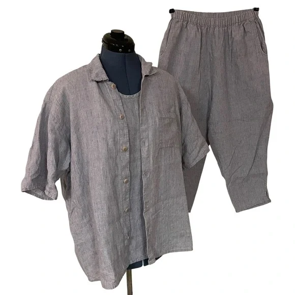 FLAX Jeanne Engelhart 3 Pc Blue 100% Linen Set Shirt Top Barrel Crop Pants S