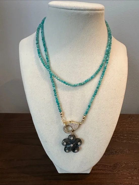 Amazonite Double Wrap Necklace with Labradorite Flower Charm