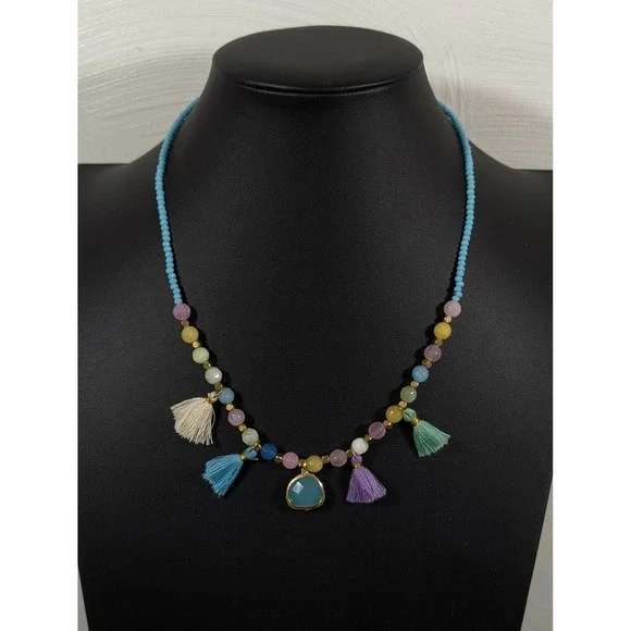 Boho Beachy Tassel Necklace Blue Pink Glass Beads‎ Layered Gold Tone 21 in