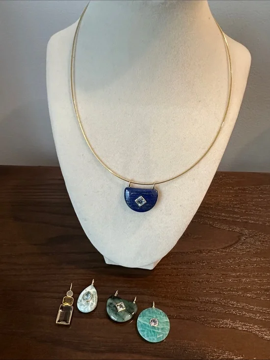 Gold Choker Necklace with Lapis Semi-Circle Pendant + 4 additional gem charms