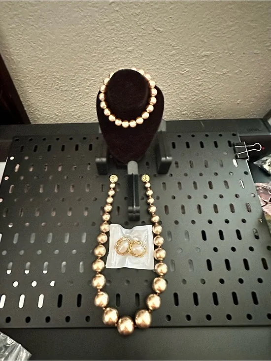 Gold Bead Necklace earrings and Bracelet Set - Women's Jewelry