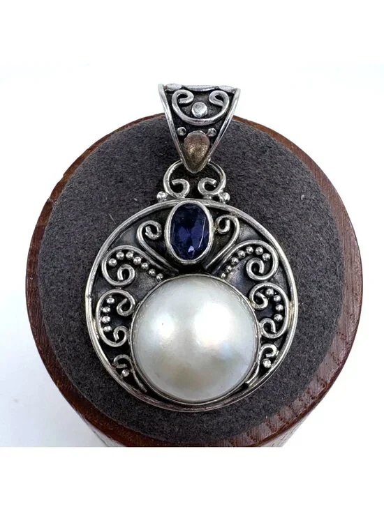 Mabe Pearl & Blue Gemstone Circle Pendant Sterling Silver 925 Size 1.5
