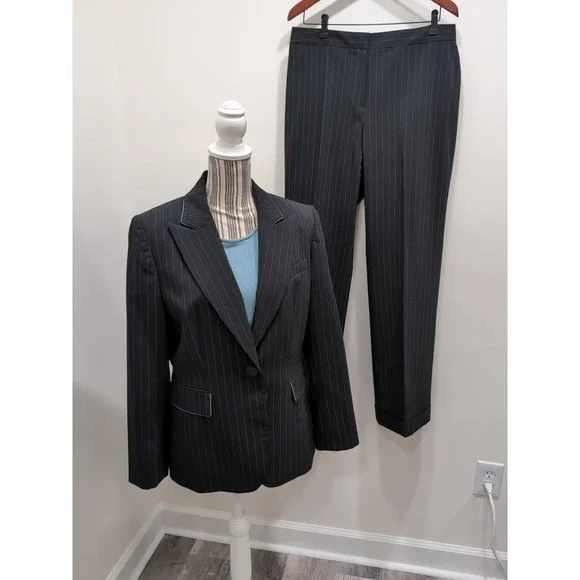 Tahari Arthur S. Levine 3pc Black Pinstripe Suit 12 Pants Blazer Tank Career Set