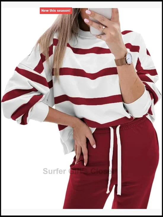 Striped Workout Set Two Piece Tracksuit Oversized Top and Jogger Pants Lounge
