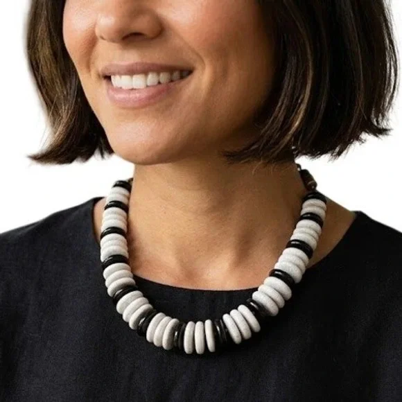 Vtg Artisan Ceramic Disc Bead Necklace‎ Black White Glazed Pottery Boho Choker