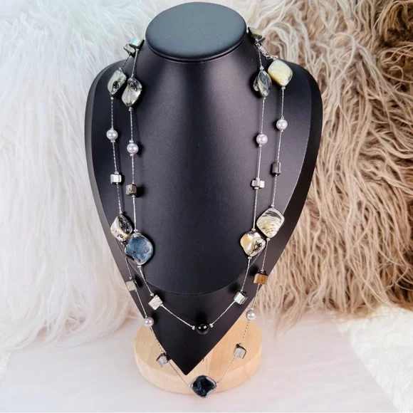 Bohemian island chic, shell faux pearl Silvertone long layering necklace
