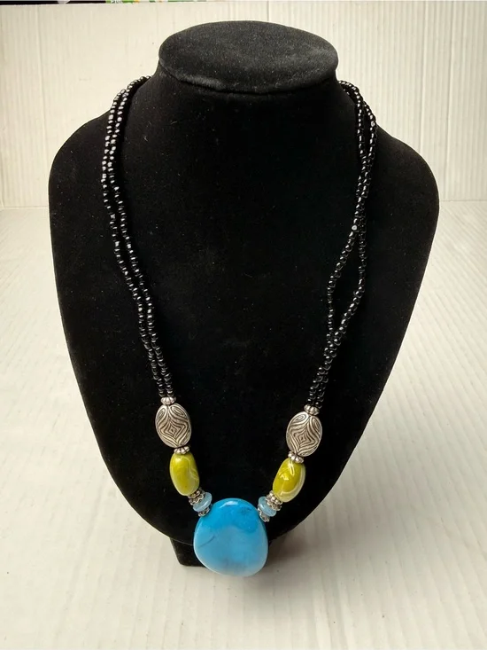 Vintage Blue Polished Agate Stone Pendant Necklace Beaded Boho Tibetan Style