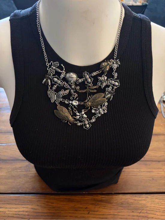 Whimsical Multi-Layered Insect Statement Necklace Silver Brass Rhinestone