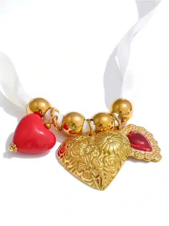 Gold Red Heart Charm Saten Cord Necklace