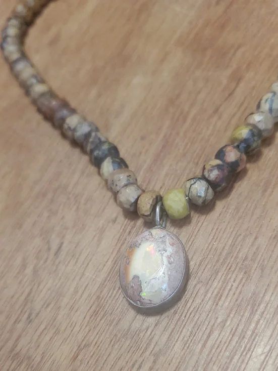 Beaded Opal Pendant Necklace in Neutral Tones - D
