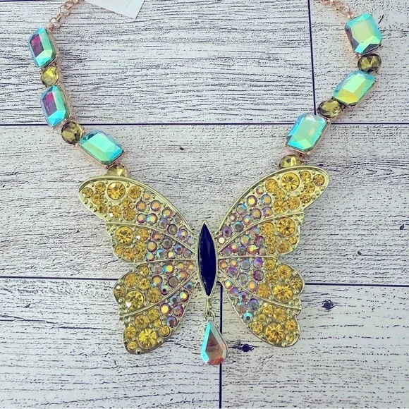 Betsey Johnson Butterfly Multicolored Crystal Necklace NWT