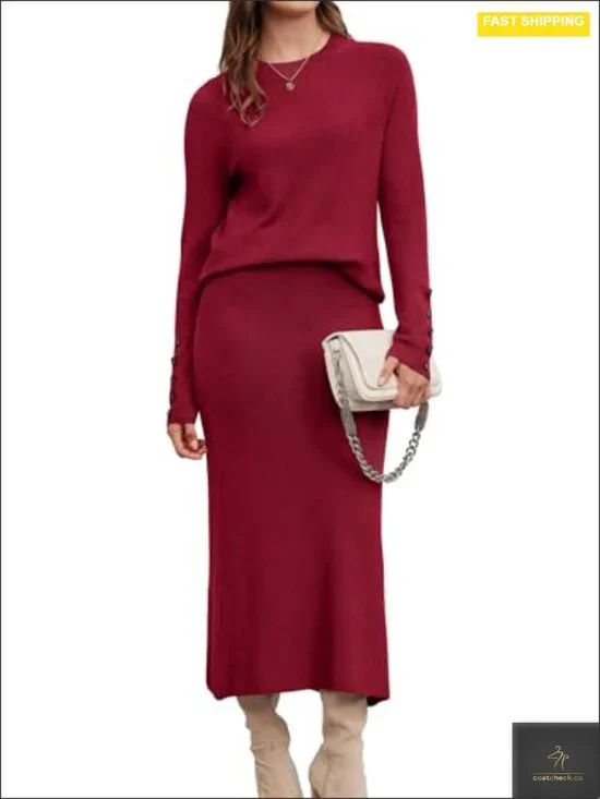 Wool Blend 2 Piece Set Sweater Top Midi Skirt Business Lounge Outfit