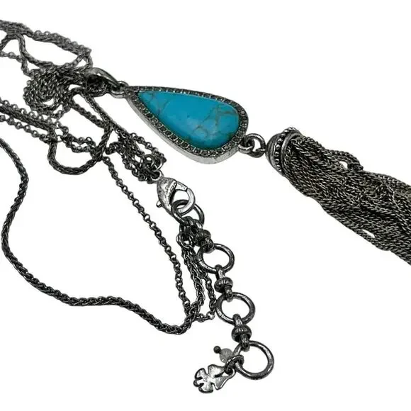 Lucky‎ Brand Silver Tone teardrop  Shaped Large Turquoise Tassel Pendant
