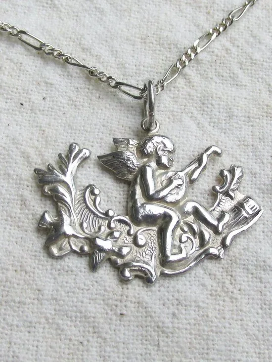 Vintage Sterling Silver ANGEL Playing Lute on Cloud Pendant 20