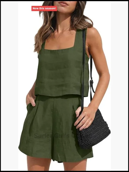 Women Linen Shorts Set 2 Piece Sleeveless Crop Tank High Waist Lounge Shorts
