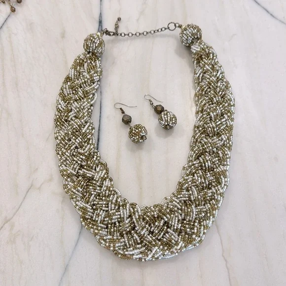jewelry set large beaded braided fashion necklace & matching earrings