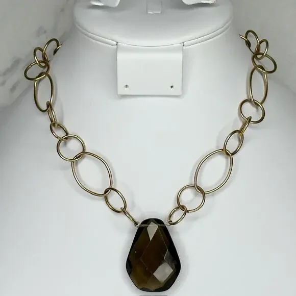 Chico's Vintage Brown Faceted Pendant on Gold Tone Chain Link Necklace