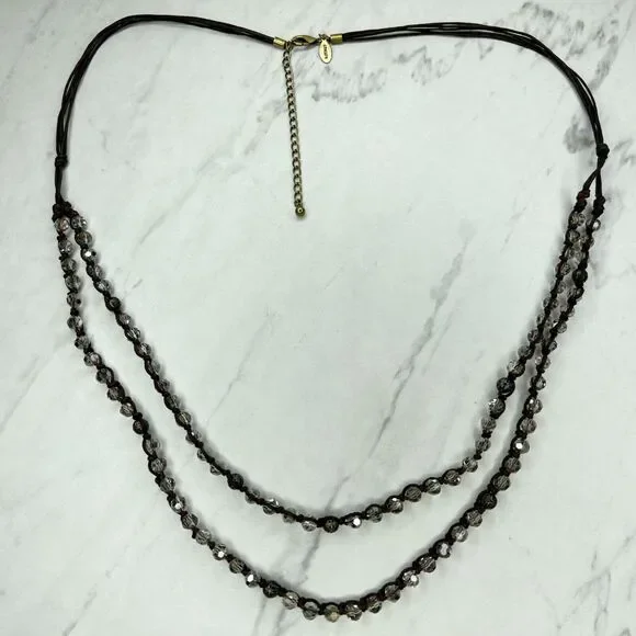 Chico's Double Strand Brown Cord Beaded Gold Tone Necklace