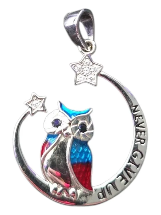 Sterling Silver Owl Pendant Necklace Charm with Blue & Red Enamel Inspirational
