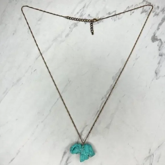 Gold Tone Faux Turquoise Trunk Up Good Luck Elephant Pendant Necklace