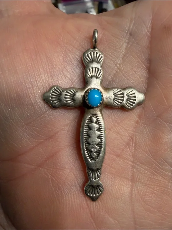 Sterling Silver Hand Stamped Cross Pendant with Turquoise Center
