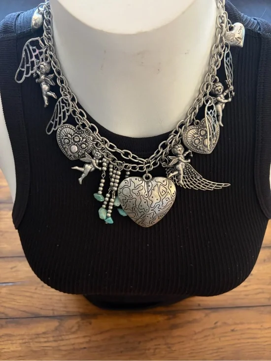 Vintage Inspired Silver Angel Heart Charm Necklace