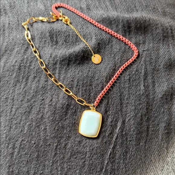 NWT Plunder 16” Gold and Pink Necklace with Blue Pendant with extender
