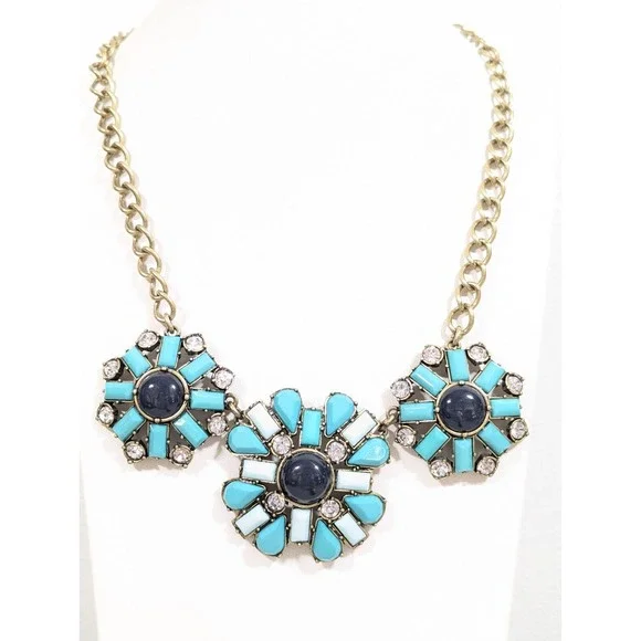 J.Crew Green Black Medallion Rhinestone Cabochon‎ Statement Necklace 19 in