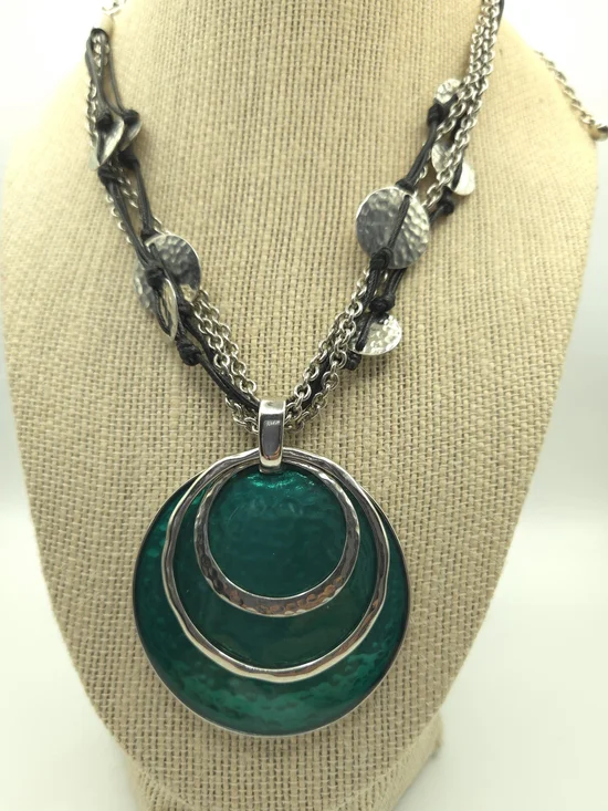 Chico's Green Teal Silver Layered Disc Pendant Necklace Mermaid Boho Bold Chic