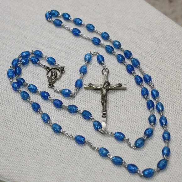 Vintage Rosary Blue Faceted Glass Bead Italy Crucifix Catholic Prayer Necklace