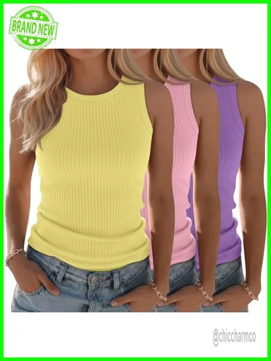 3 Pack Ribbed Cotton Tank Tops Sleeveless Slim Fit Crew Neck Summer Basic Tees
