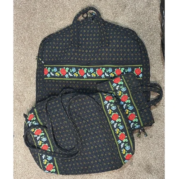 Country Provencal 3 Piece Quilted Luggage Set Black Floral Duffel Garment Bag