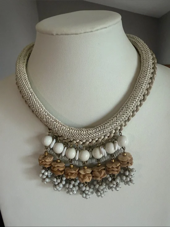 Anthropologie Beige and White Statement Bib Necklace