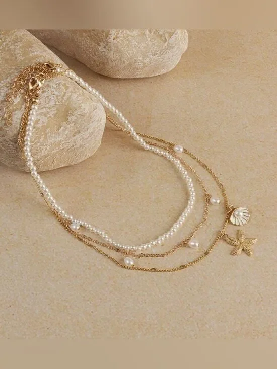 Gold White Pearl Layered Necklace with Sea Charms N1486