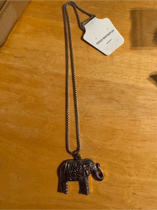 Stainless Steel Silver Tone Elephant Necklace