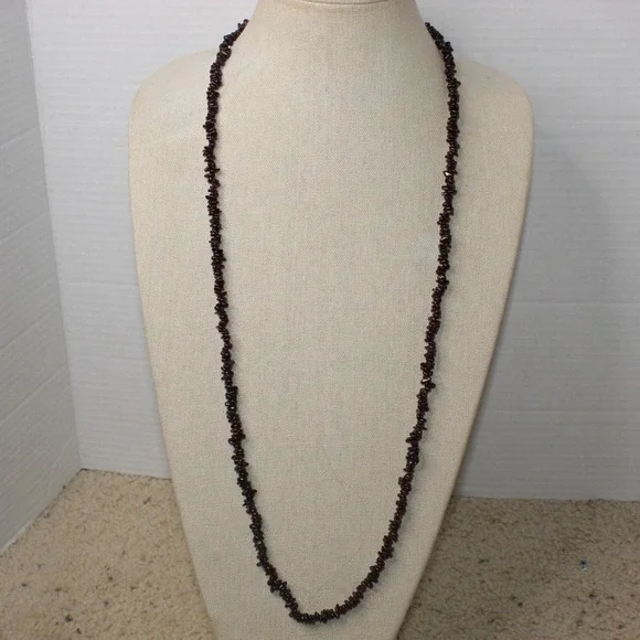 Garnet Chip Necklace Long Strand Beaded Gemstone 35in Deep Red Burgundy Boho