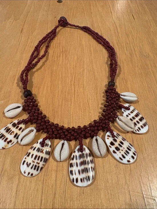 Source Unknown Maroon Beaded Shell & Cowrie Necklace