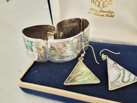 Vintage Sterling Silver Abalone Storyteller Panel Bracelet and Earring Set