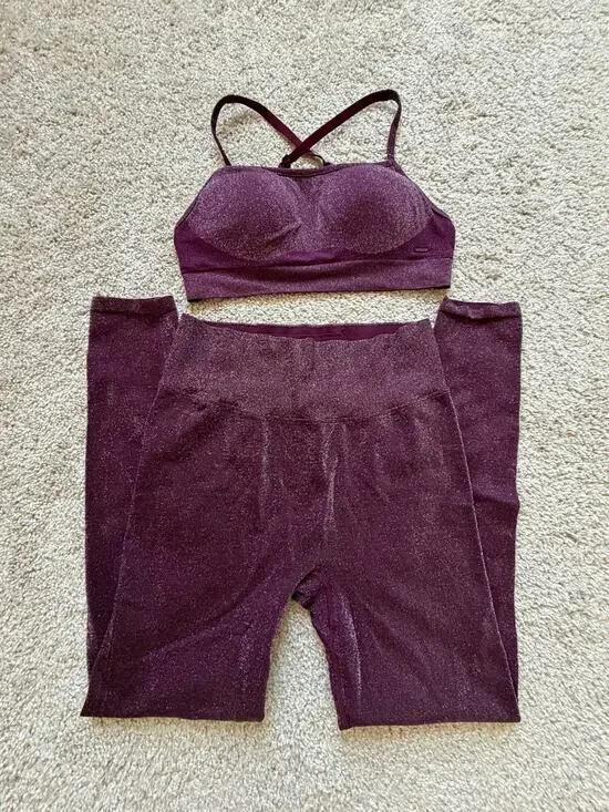 PINK Victoria's Secret Burgundy Shimmer 2 Piece Set Sports Bra Leggings Workout