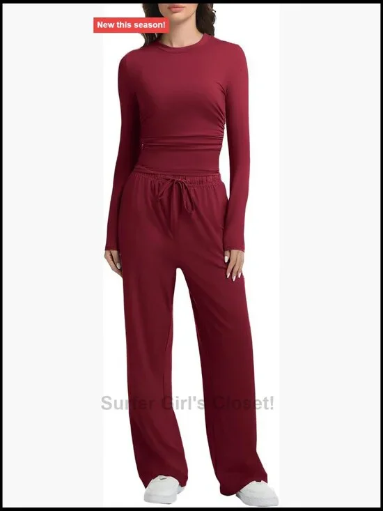 2 Piece Lounge Set Women Long Sleeve Wide Leg Tracksuit Casual Loungewear