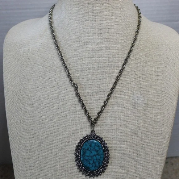 Pancrest Necklace Turquoise Faux Cabochon Pendant 20in Silver Tone Boho Vintage