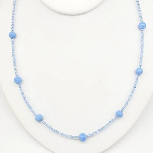 Blue Swirl Glass Beaded Necklace AB Seed Beads 20