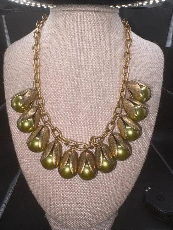 Lenora Dame Olive Green Pearl Leaf Statement Necklace Gold Tone Retired